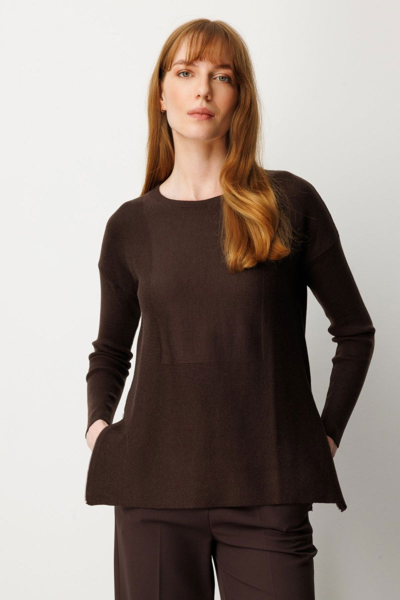 On Kadın Yanları Fermuarlı Sıfır Yaka Triko Kazak 65318 Kahverengi - On