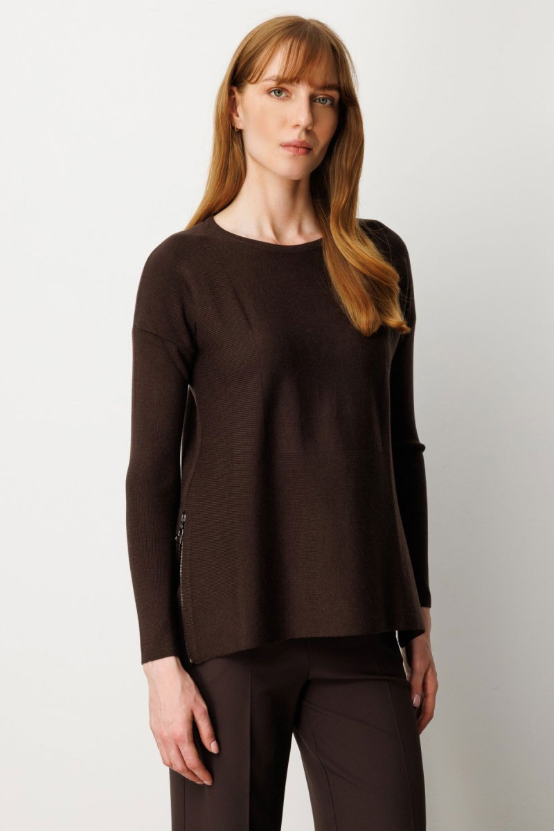 On Kadın Yanları Fermuarlı Sıfır Yaka Triko Kazak 65318 Kahverengi - 2