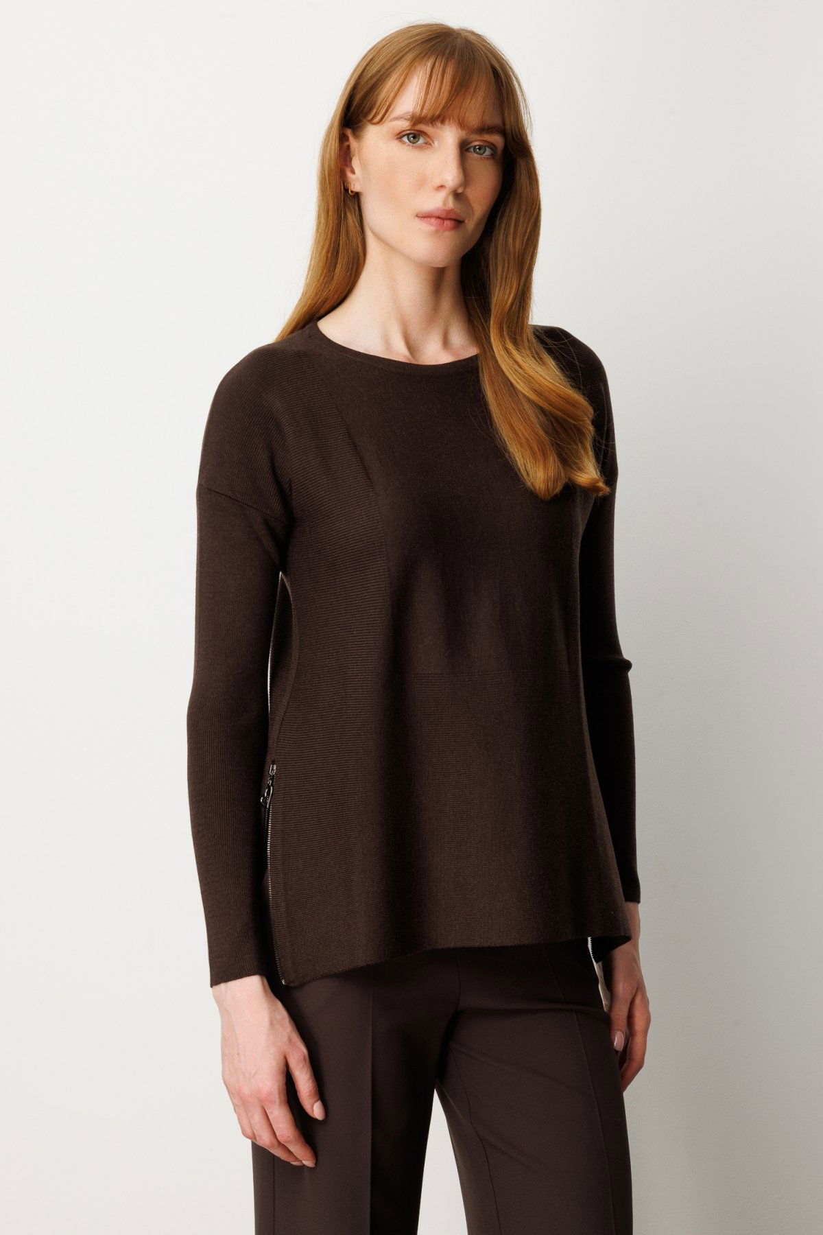 On Kadın Yanları Fermuarlı Sıfır Yaka Triko Kazak 65318 Kahverengi - 2