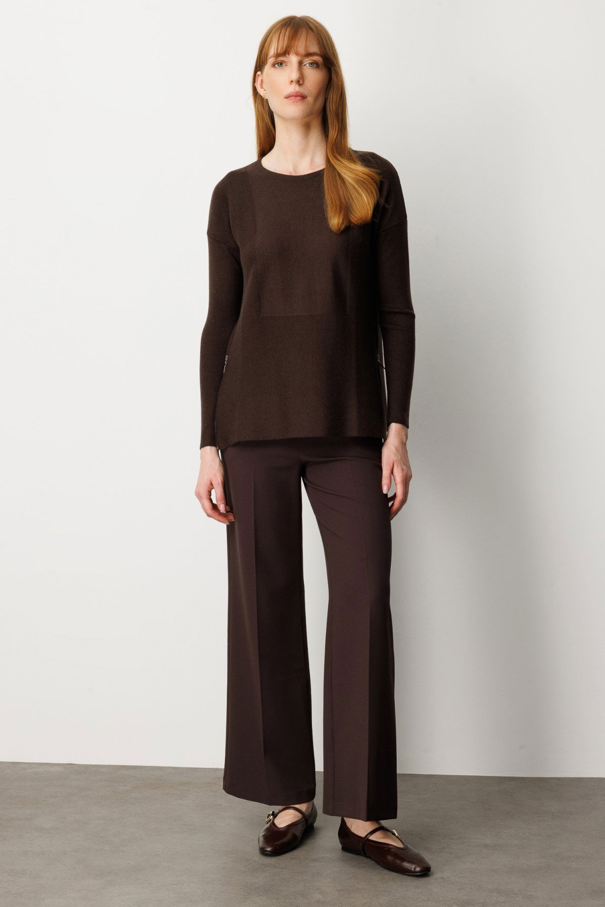 On Kadın Yanları Fermuarlı Sıfır Yaka Triko Kazak 65318 Kahverengi - 3