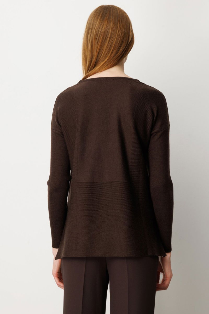 On Kadın Yanları Fermuarlı Sıfır Yaka Triko Kazak 65318 Kahverengi - 4