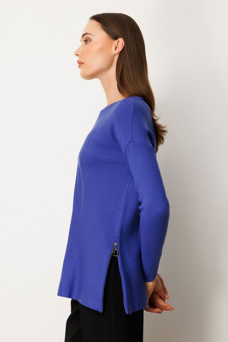 On Kadın Yanları Fermuarlı Sıfır Yaka Triko Kazak 65318 Saks - 2