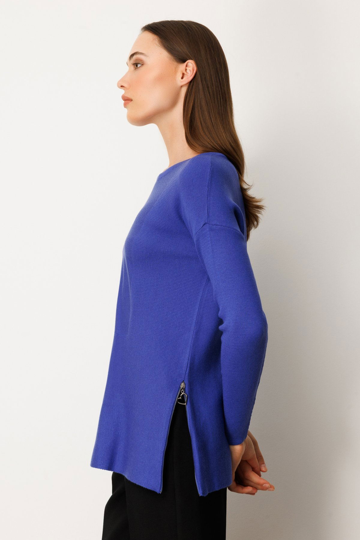 On Kadın Yanları Fermuarlı Sıfır Yaka Triko Kazak 65318 Saks - 2