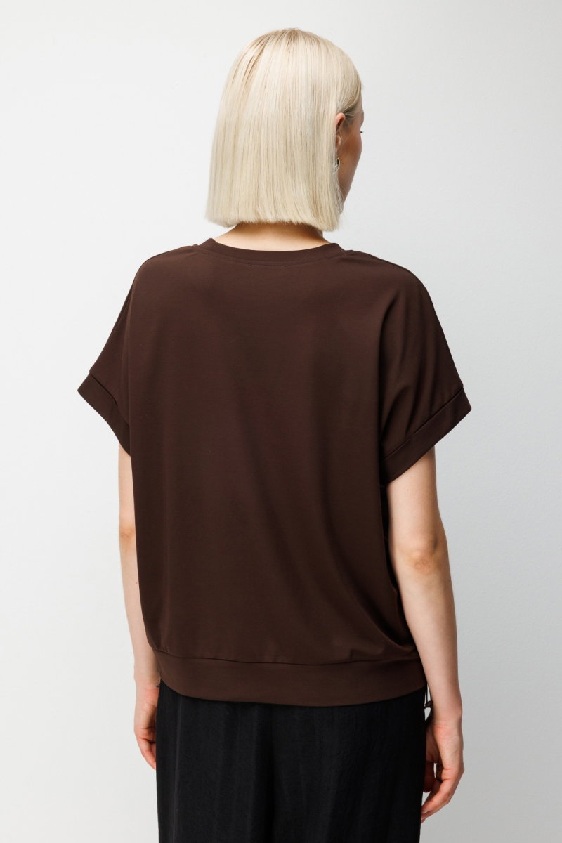 On Kadın Yanları Lastikli İşlemeli T-Shirt 70430 Kahverengi - 4