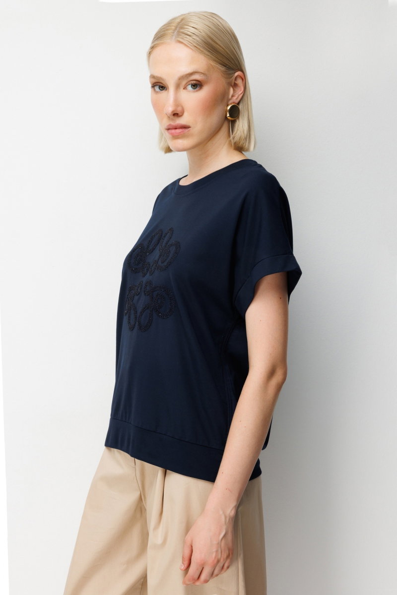 On Kadın Yanları Lastikli İşlemeli T-Shirt 70430 Lacivert - 2