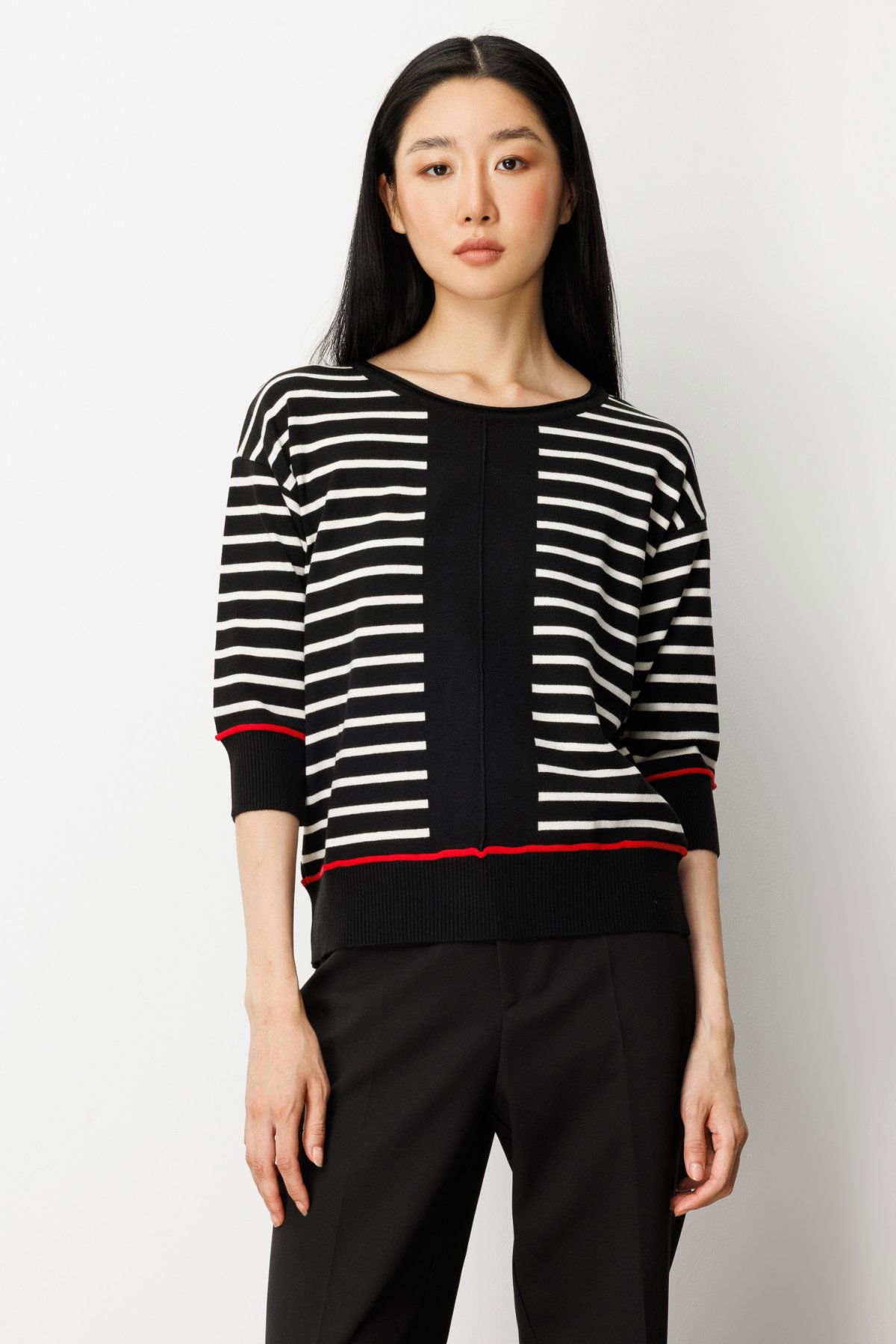 On Kadın Yarım Kol Çizgili Kazak 65302 Siyah - 1