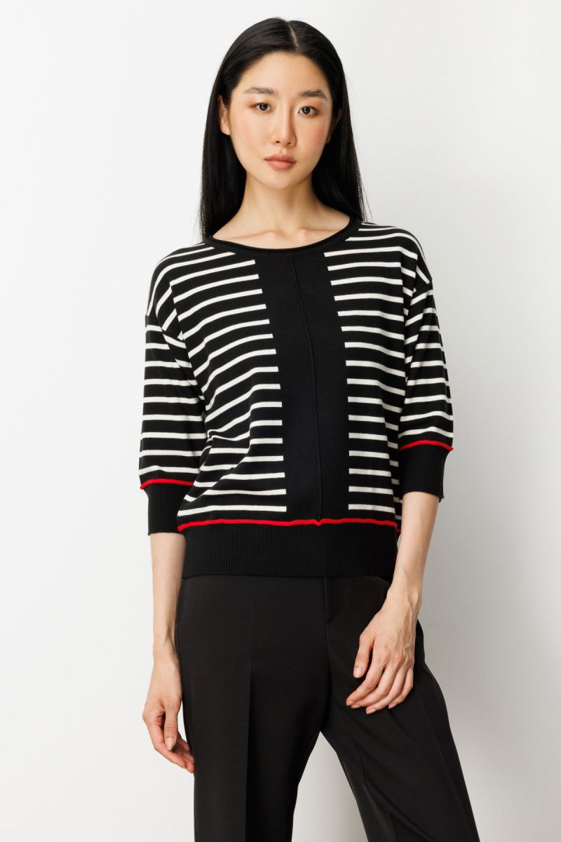 On Kadın Yarım Kol Çizgili Kazak 65302 Siyah - 2