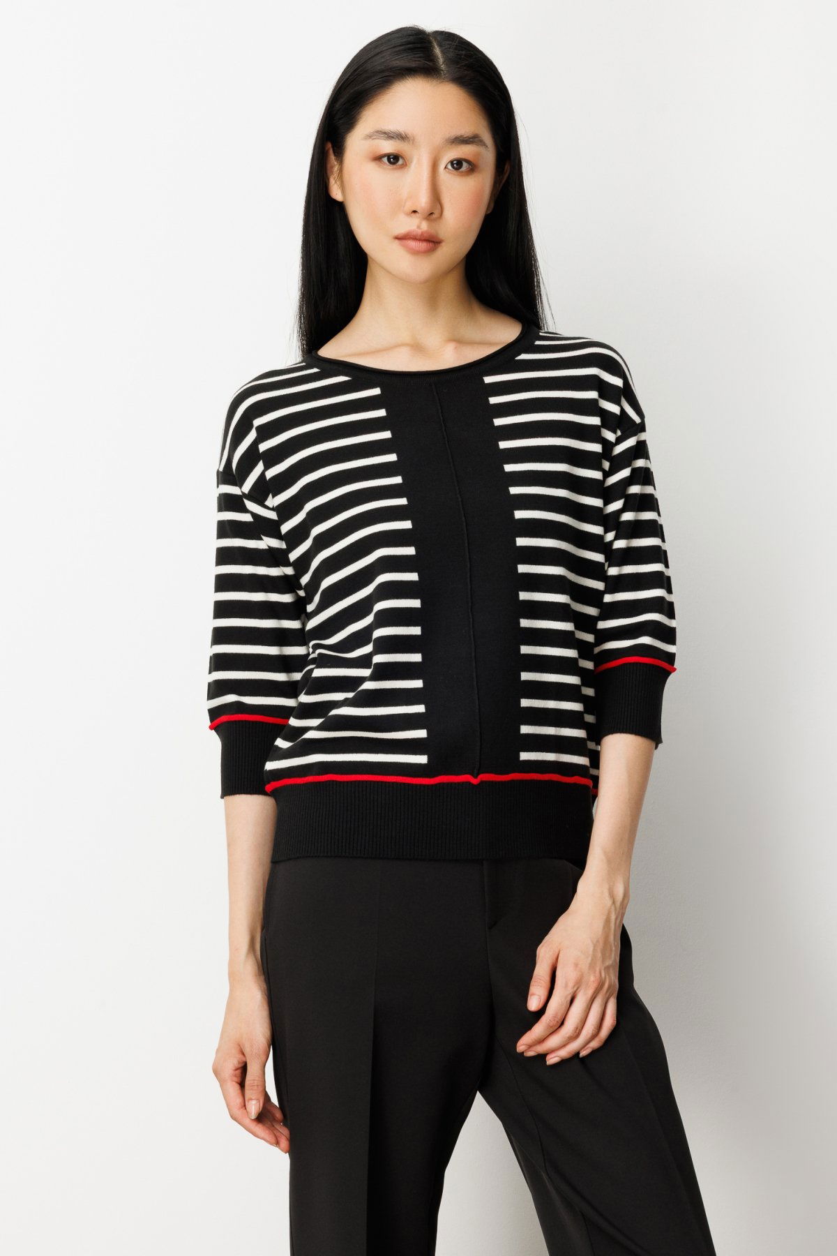 On Kadın Yarım Kol Çizgili Kazak 65302 Siyah - 2