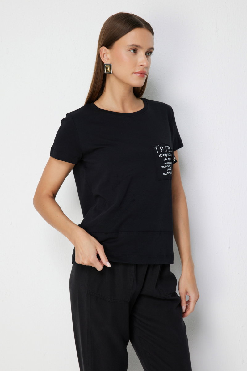 On Kadın Yazı Detaylı Sıfır Yaka Pamuklu T-Shirt 71464 Siyah - 2