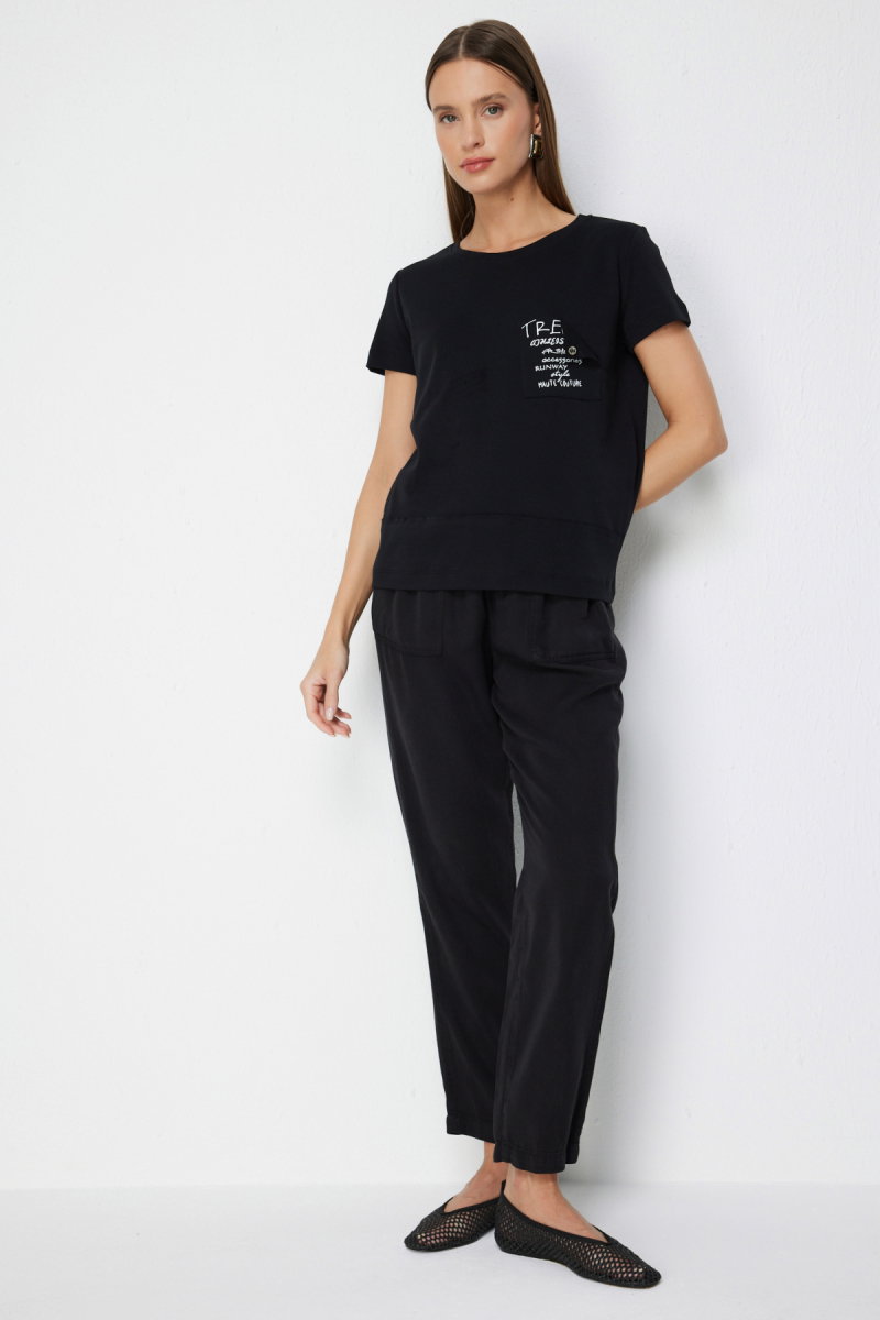 On Kadın Yazı Detaylı Sıfır Yaka Pamuklu T-Shirt 71464 Siyah - 3