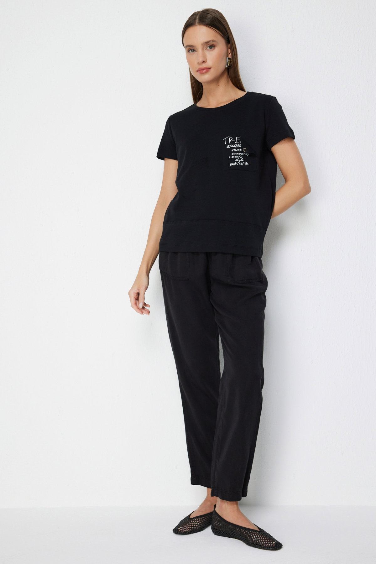 On Kadın Yazı Detaylı Sıfır Yaka Pamuklu T-Shirt 71464 Siyah - 3