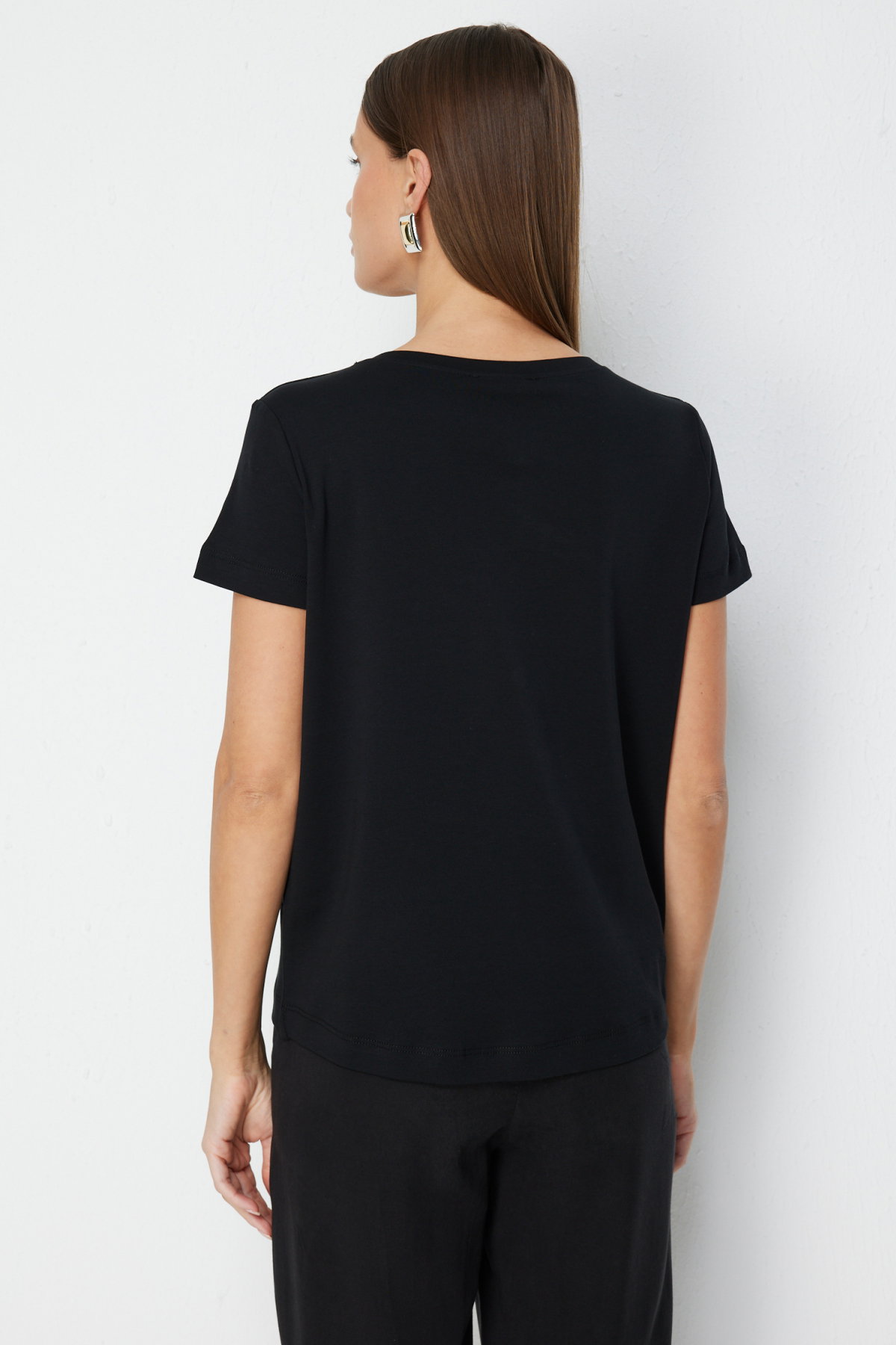 On Kadın Yazı Detaylı Sıfır Yaka Pamuklu T-Shirt 71464 Siyah - 4