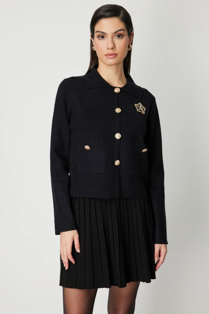 On Kadın Yıldız İşlemeli Torba Cepli Hırka 60926 Siyah - On