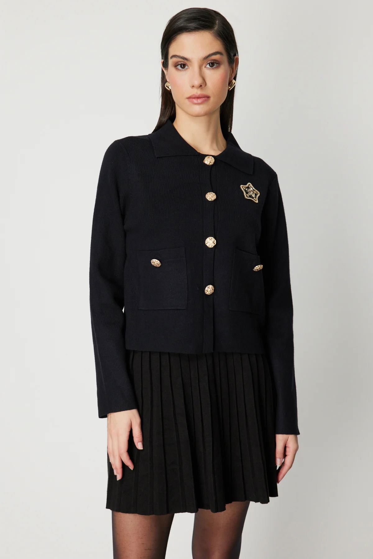 On Kadın Yıldız İşlemeli Torba Cepli Hırka 60926 Siyah - 1