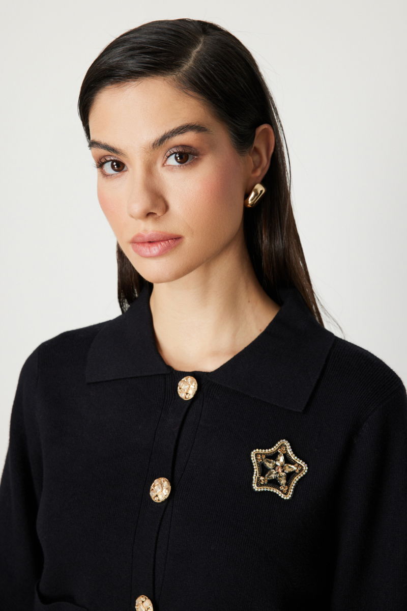 On Kadın Yıldız İşlemeli Torba Cepli Hırka 60926 Siyah - 3