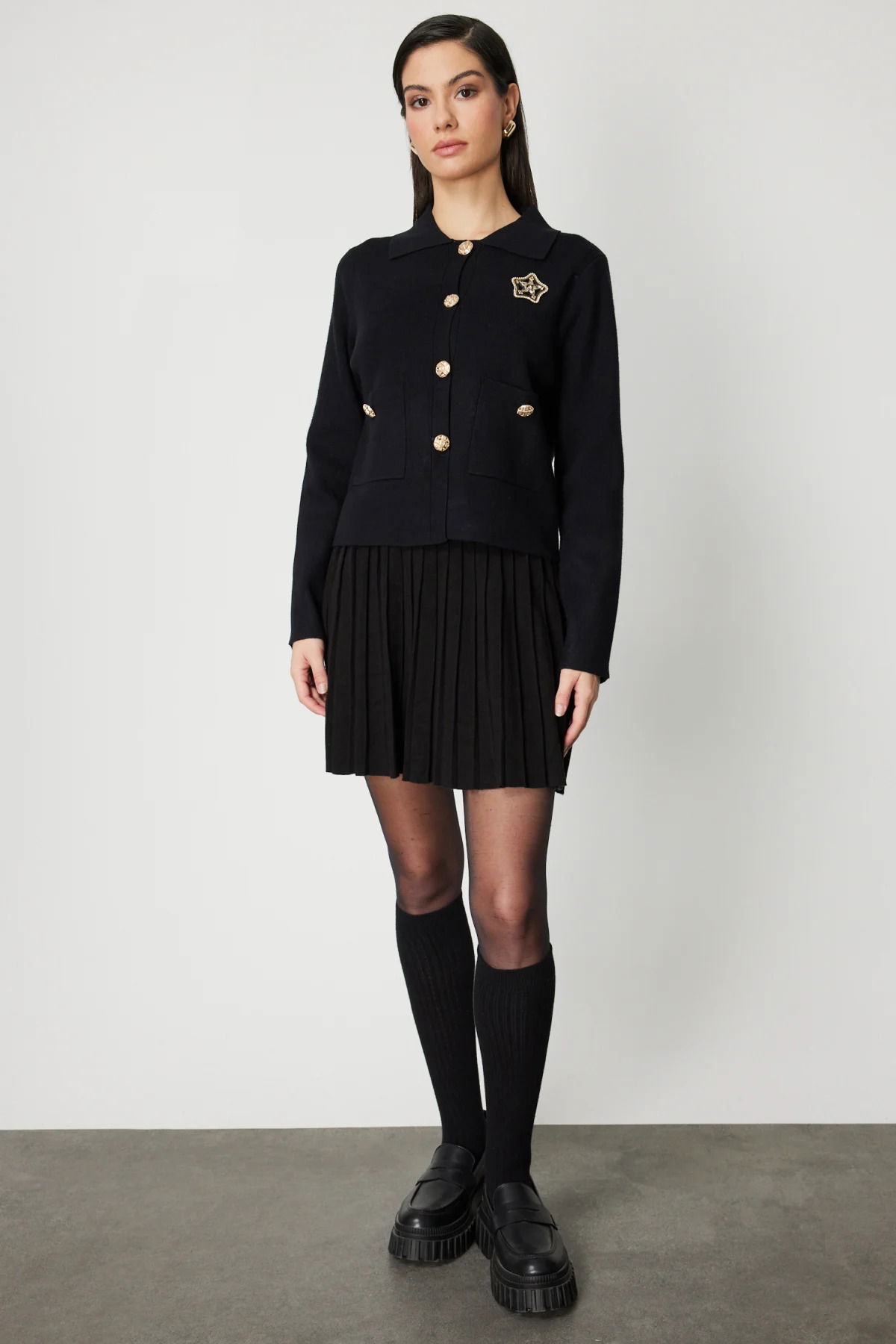 On Kadın Yıldız İşlemeli Torba Cepli Hırka 60926 Siyah - 4