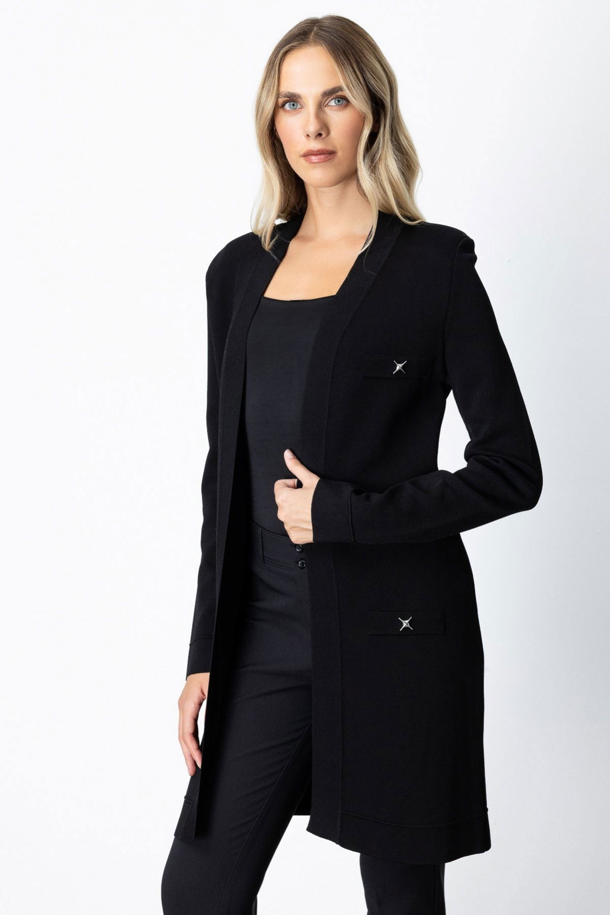 On Kadın Zımbalı Uzun Hırka 69917 Siyah - 2