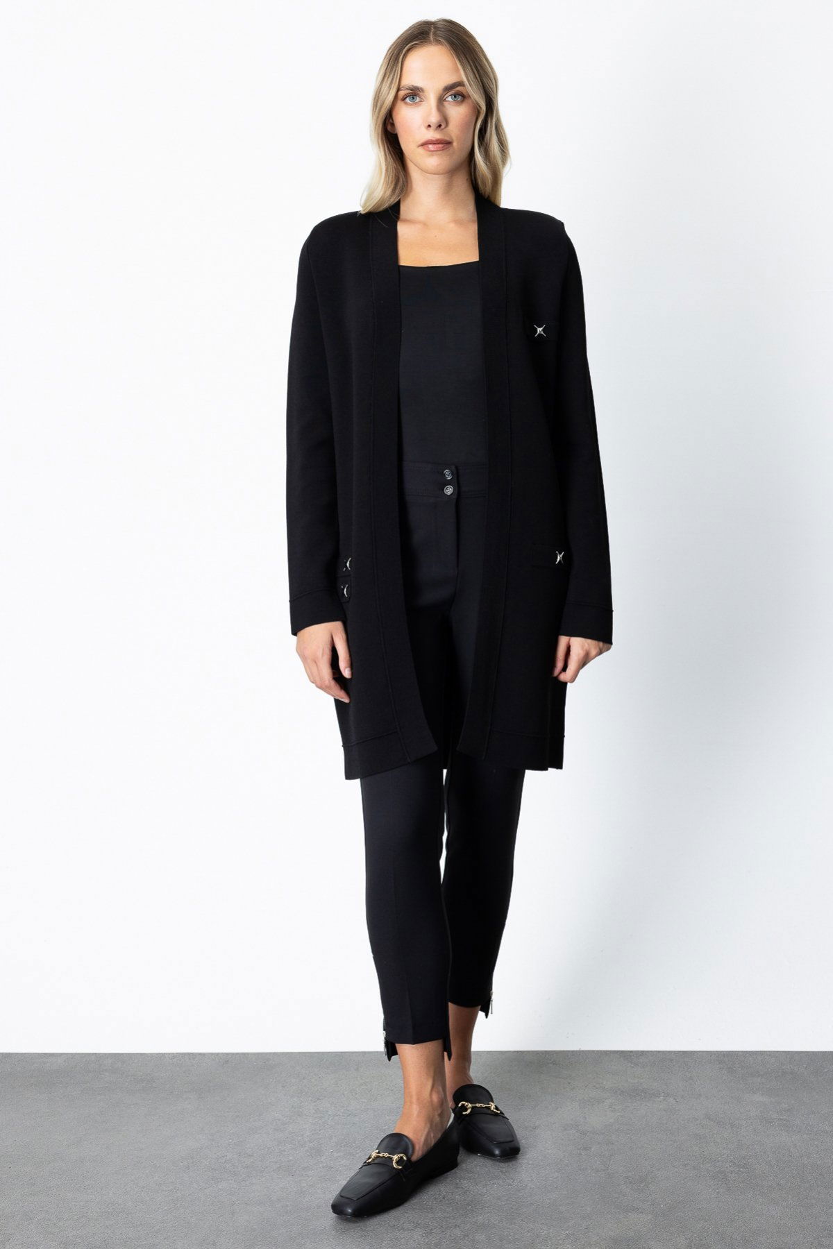 On Kadın Zımbalı Uzun Hırka 69917 Siyah - 3