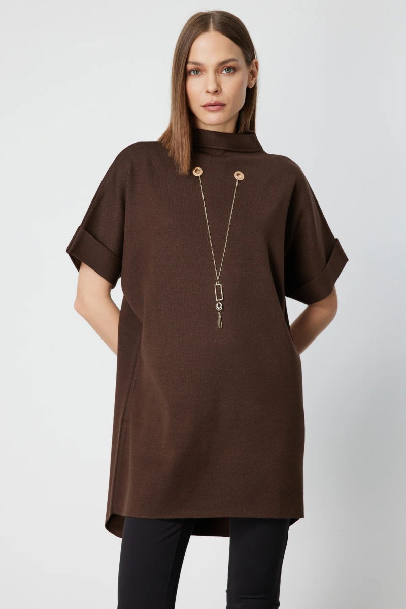 On Kadın Zincir Aksesuarlı Kısa Kollu Tunik 65360 Kahverengi - On