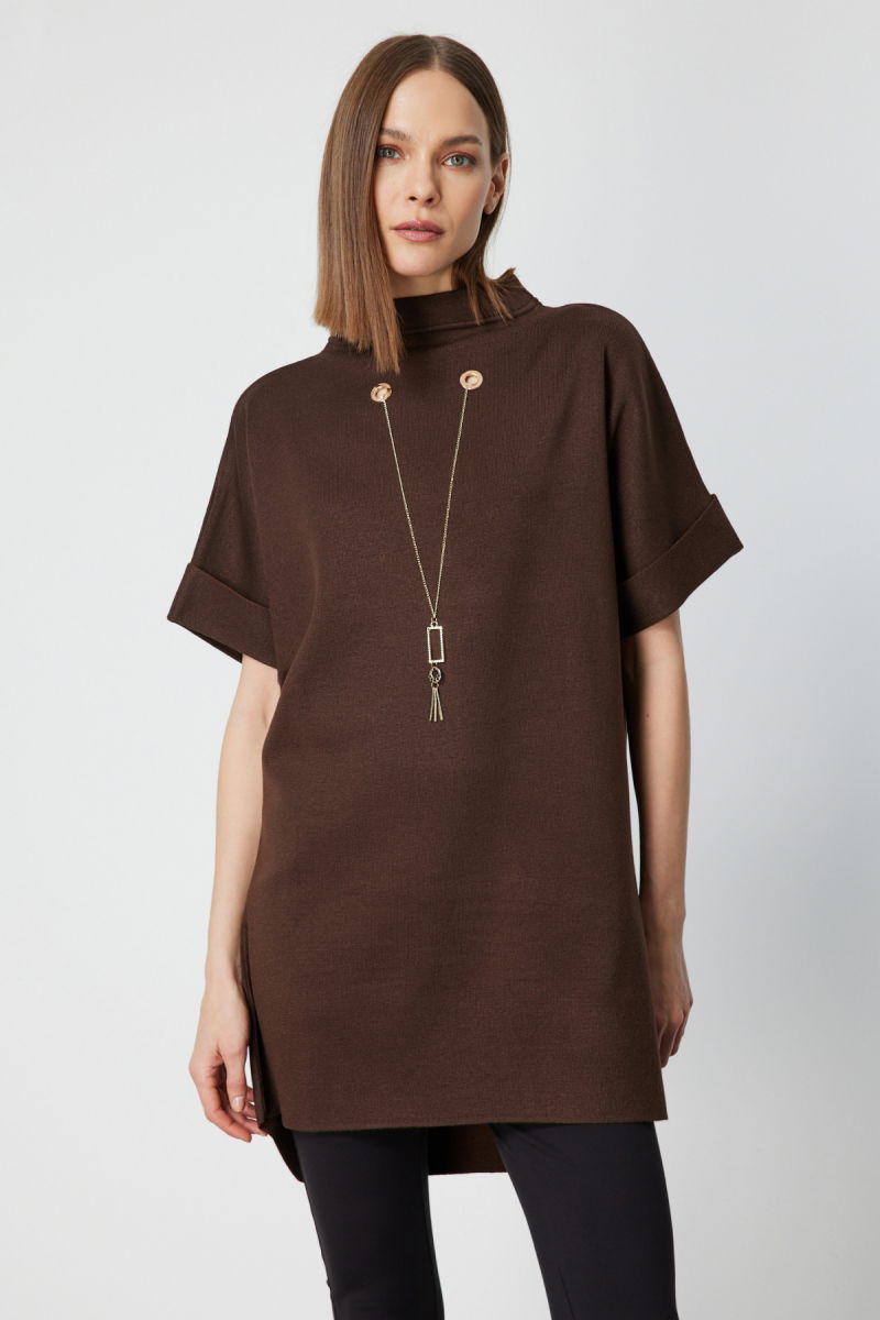 On Kadın Zincir Aksesuarlı Kısa Kollu Tunik 65360 Kahverengi - 2
