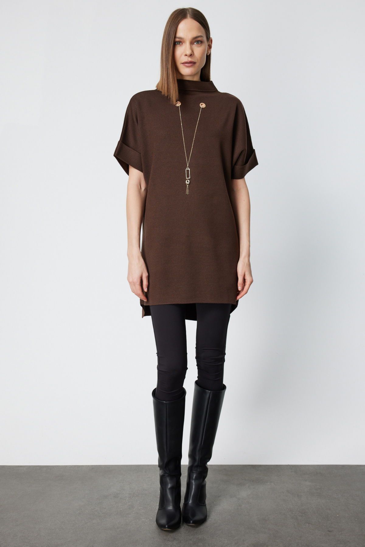 On Kadın Zincir Aksesuarlı Kısa Kollu Tunik 65360 Kahverengi - 3