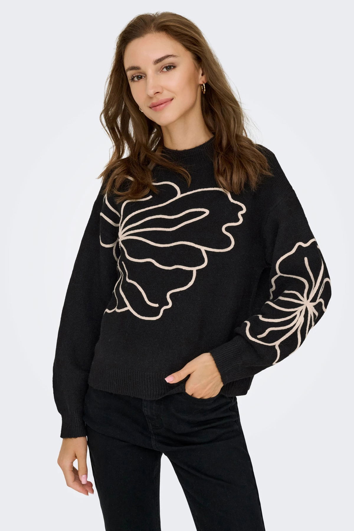 Only Kadın Jdyjella Desenli Yuvarlak Yaka Yünlü Kazak 15344518 Siyah - 1