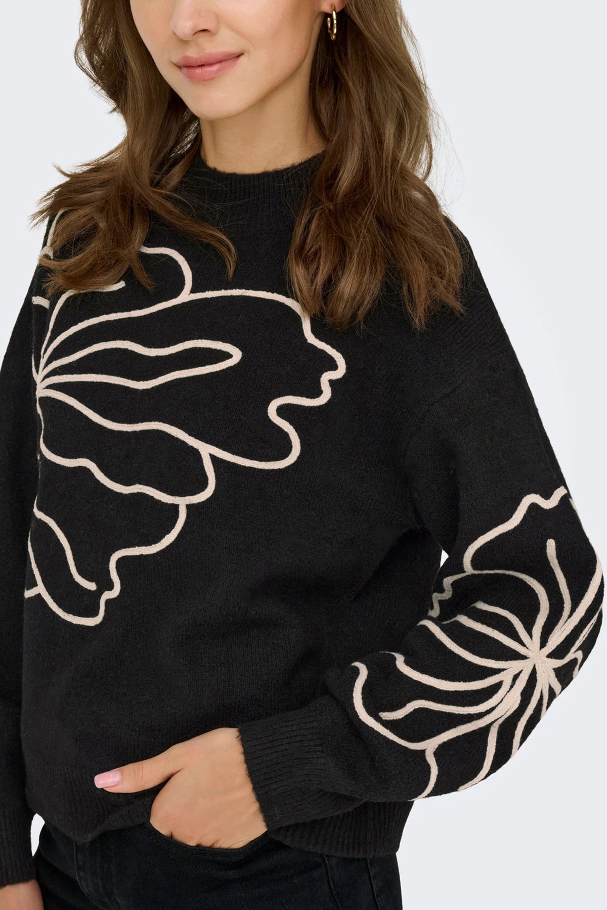 Only Kadın Jdyjella Desenli Yuvarlak Yaka Yünlü Kazak 15344518 Siyah - 2