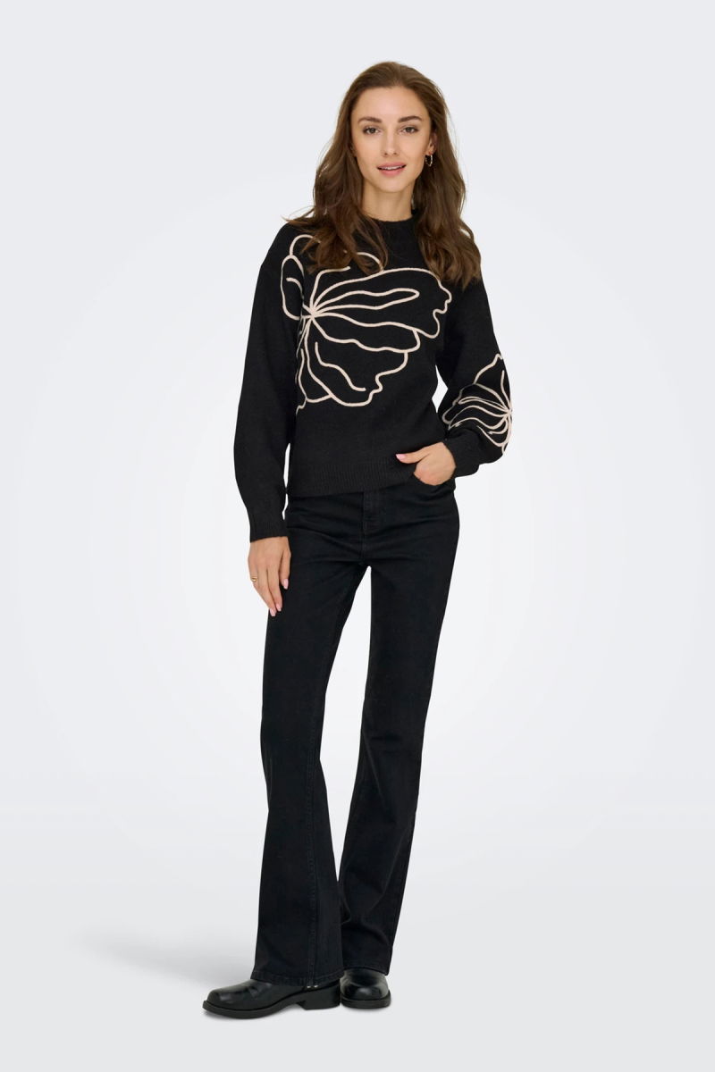 Only Kadın Jdyjella Desenli Yuvarlak Yaka Yünlü Kazak 15344518 Siyah - 3