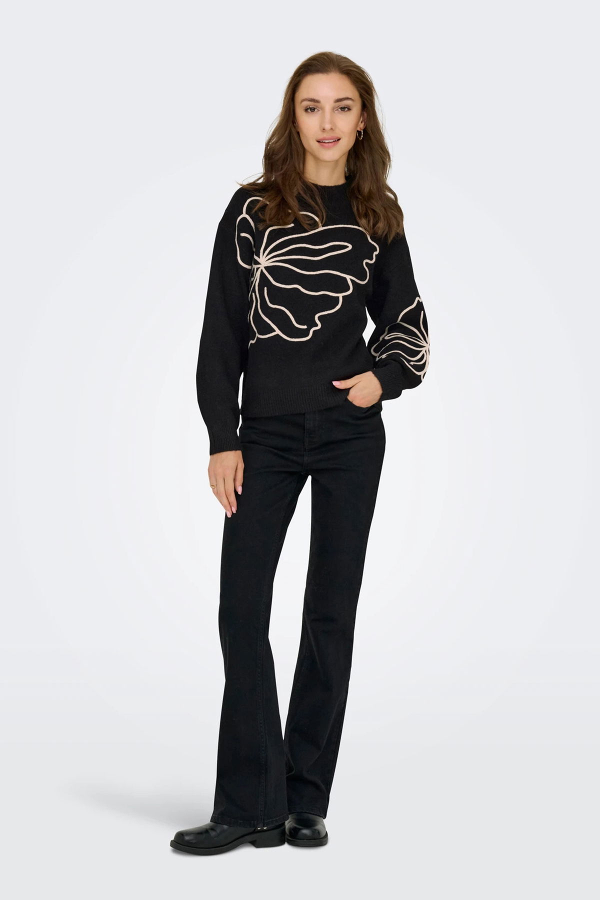 Only Kadın Jdyjella Desenli Yuvarlak Yaka Yünlü Kazak 15344518 Siyah - 3