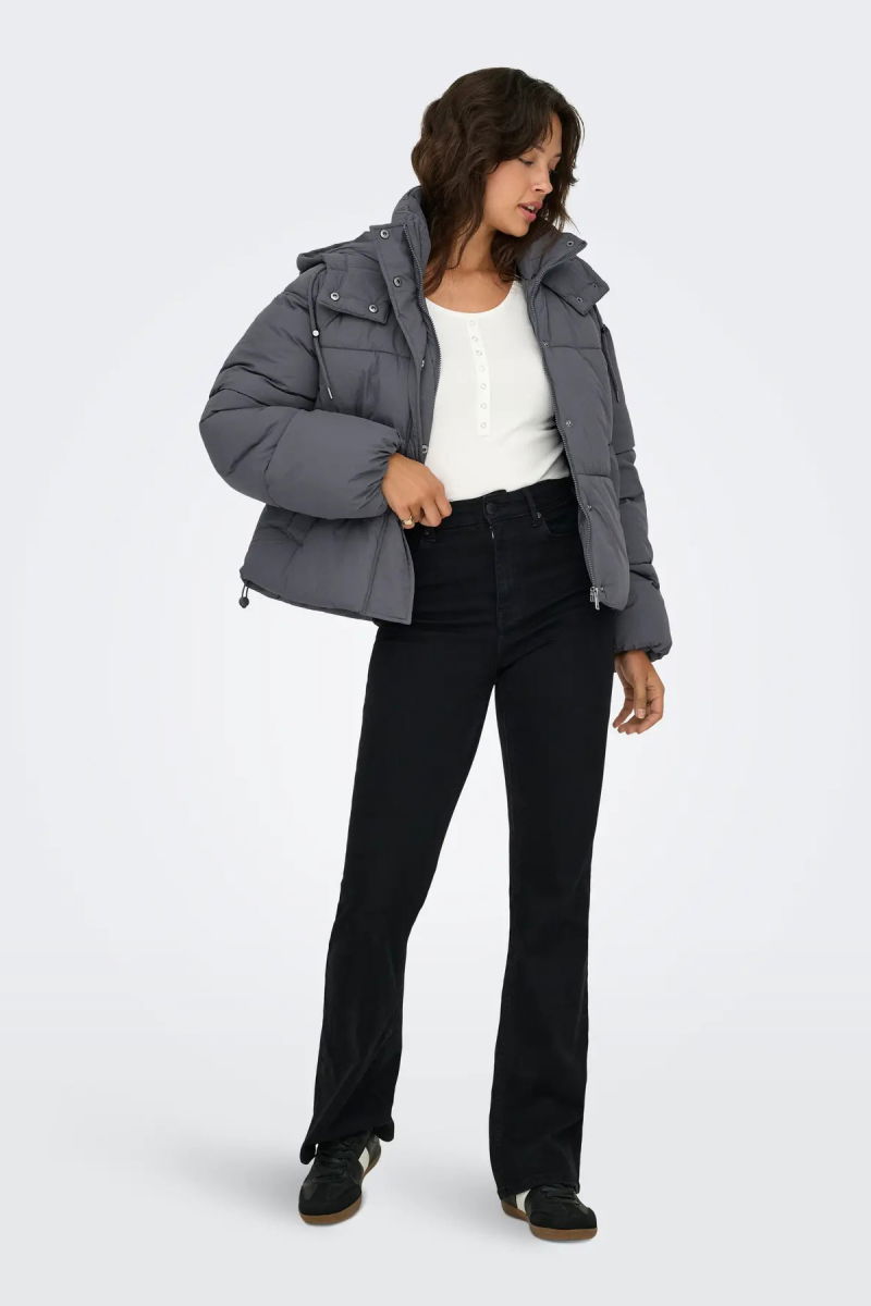 Only Kadın Kapüşonlu Çift Cepli Şişme Mont 15322013 Gri - 4