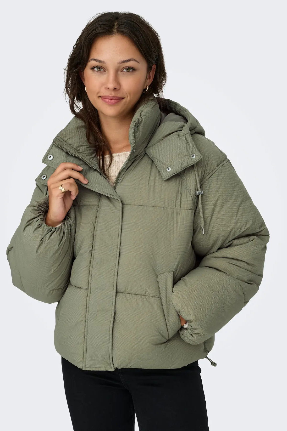 Only Kadın Kapüşonlu Çift Cepli Şişme Mont 15322013 Yeşil - 1