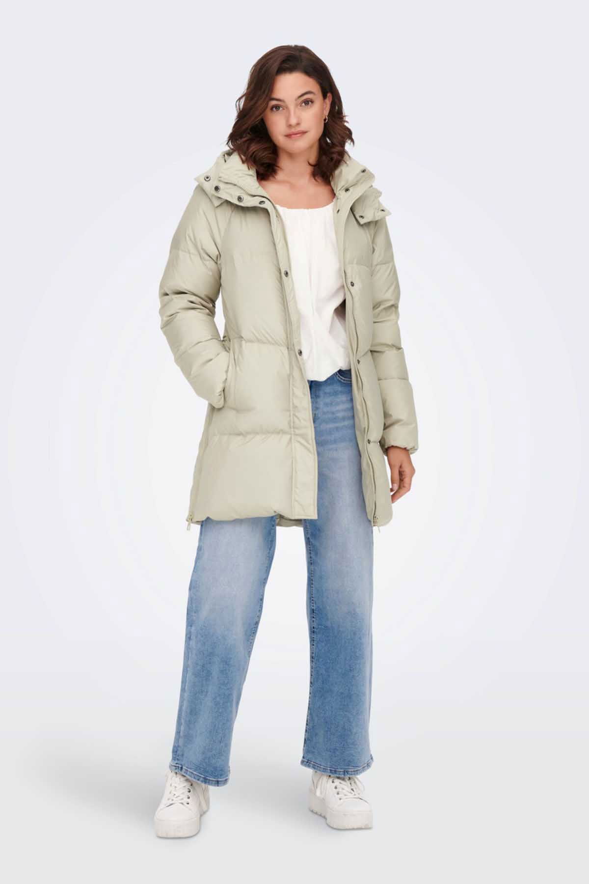 Only Kadın Kuş Tüyü Dolgulu Uzun Kaban 65515270623 Bej - 2