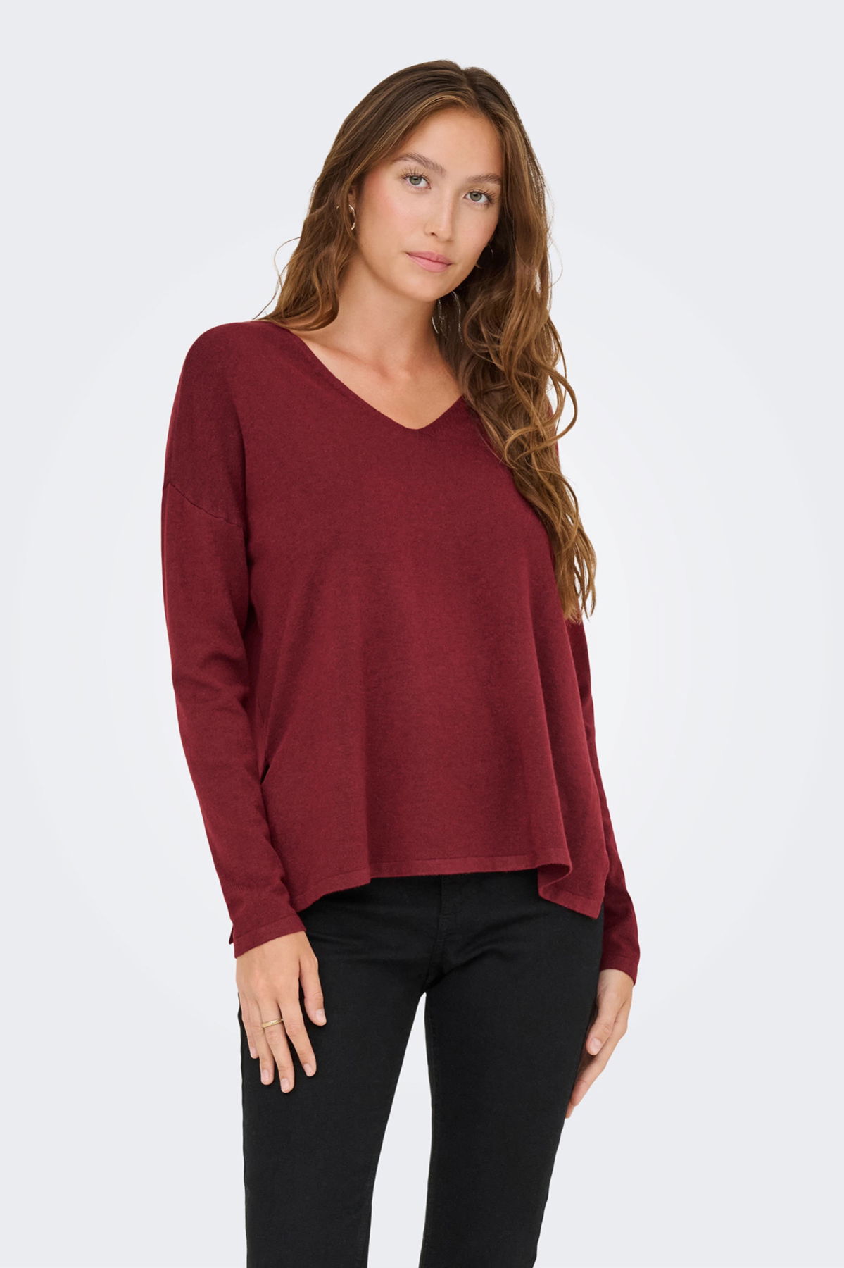 Only Kadın Onlamalıo Oversize V Yaka Örme Kazak 15340735 Bordo - 2