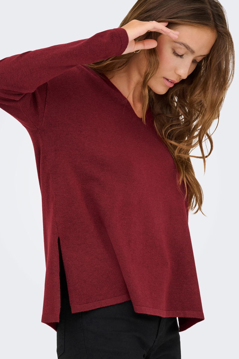 Only Kadın Onlamalıo Oversize V Yaka Örme Kazak 15340735 Bordo - 3