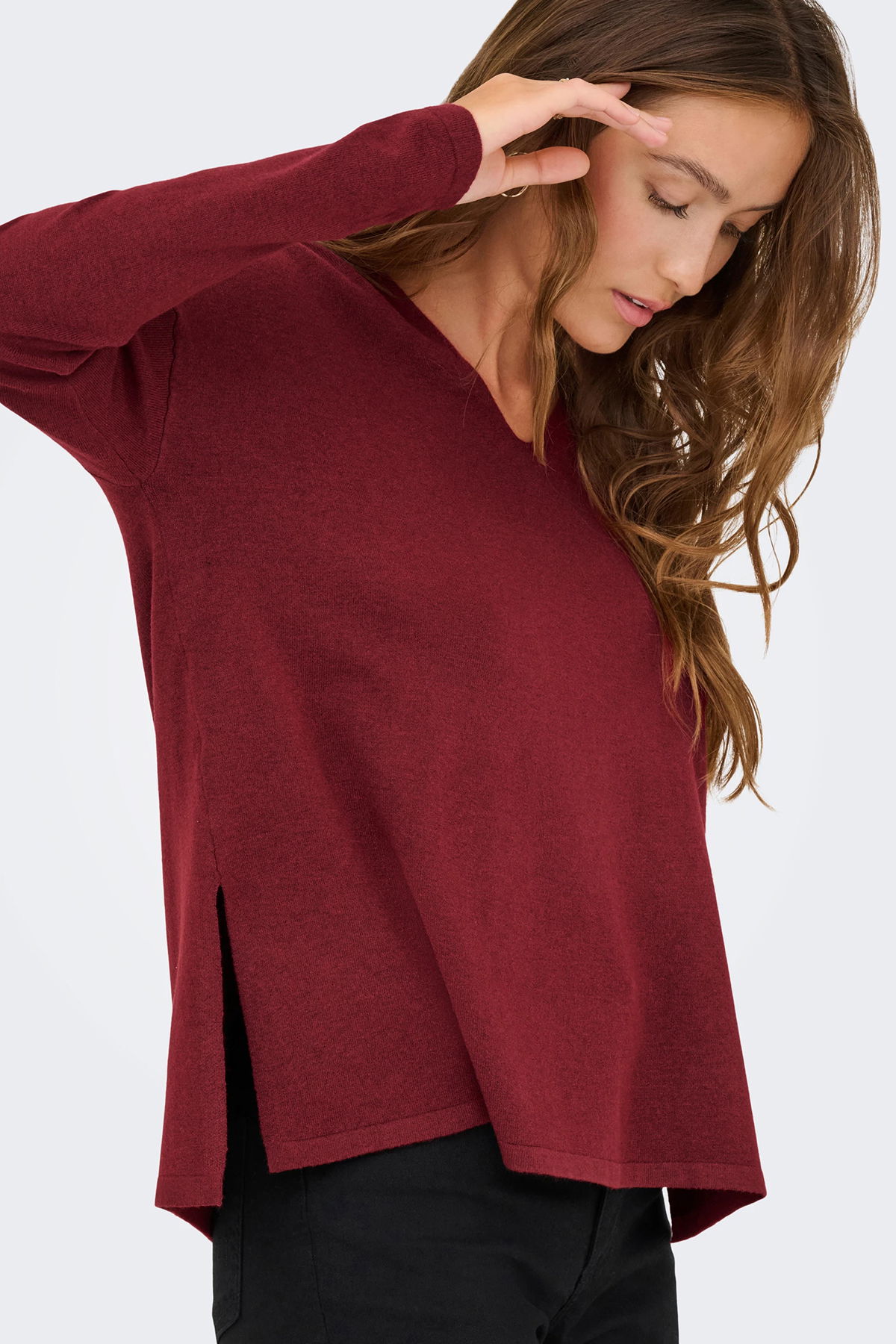 Only Kadın Onlamalıo Oversize V Yaka Örme Kazak 15340735 Bordo - 3