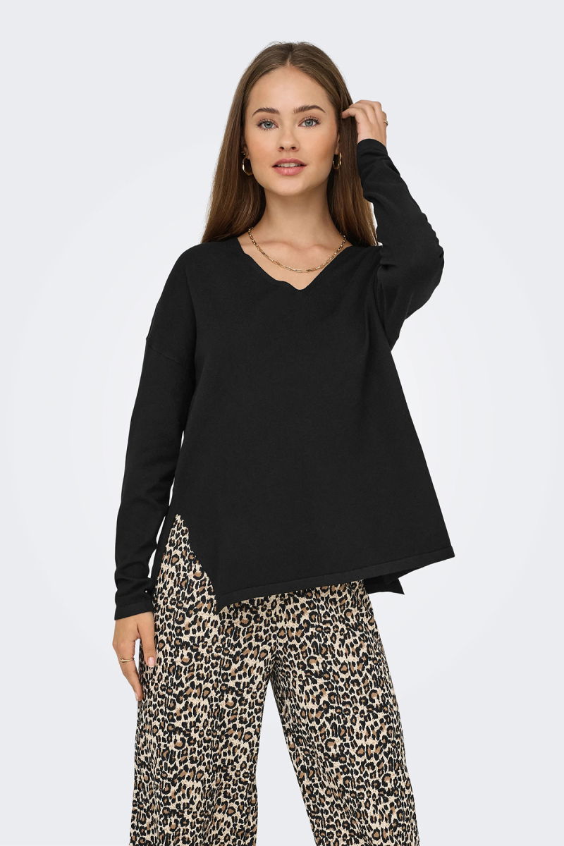 Only Kadın Onlamalıo Oversize V Yaka Örme Kazak 15340735 Siyah - 1