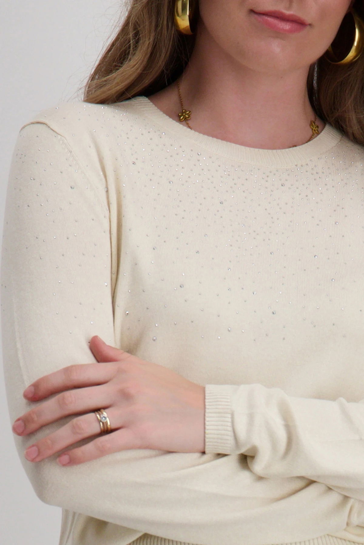 Only Kadın Onlanabella Taş Detaylı Bisiklet Yaka Kazak 15355228 Ekru - 3