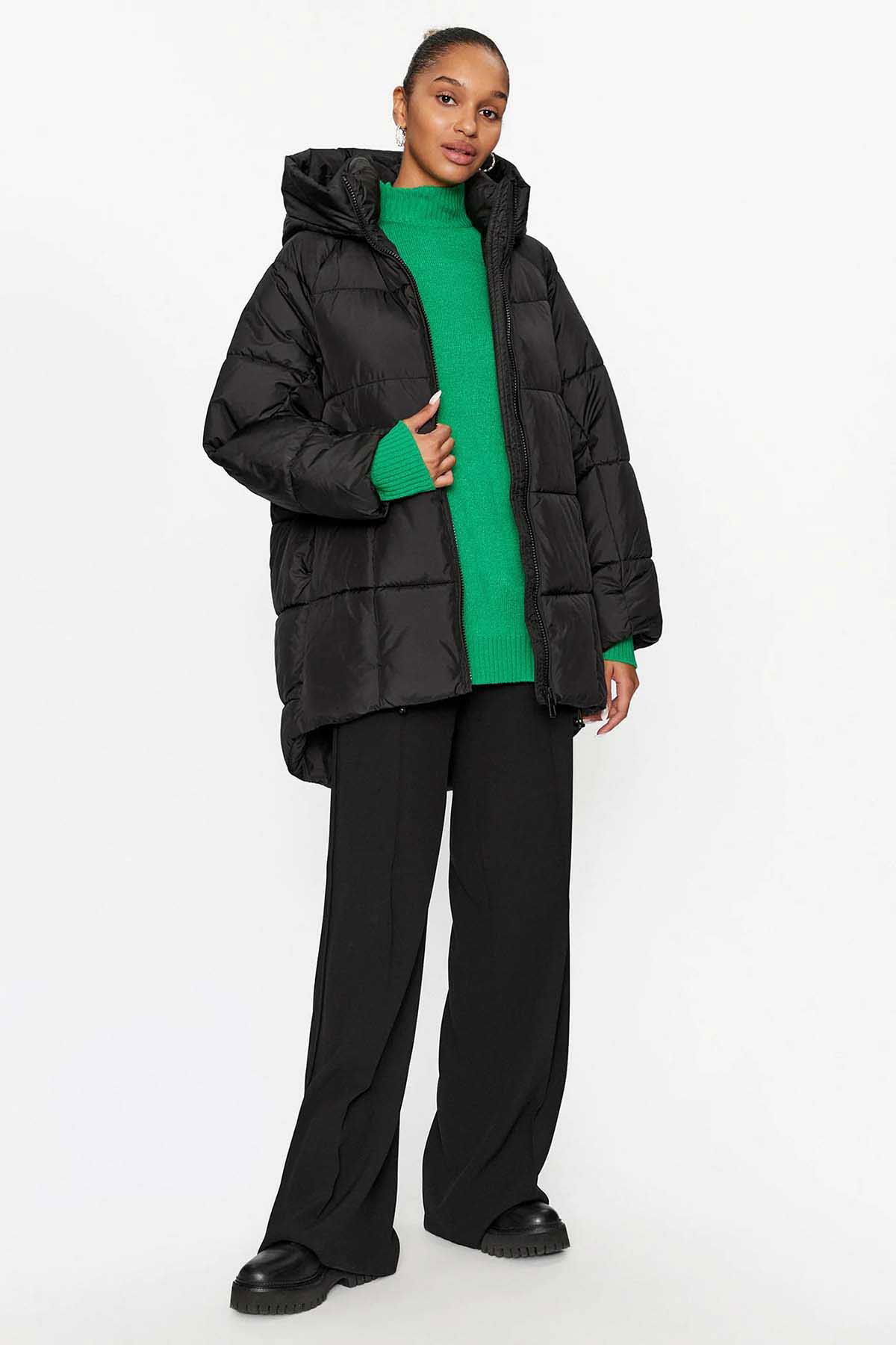 Only Kadın Onlasta Rahat Kalıp Kapüşonlu Uzun Puffer Mont 15293818 Siyah - 2