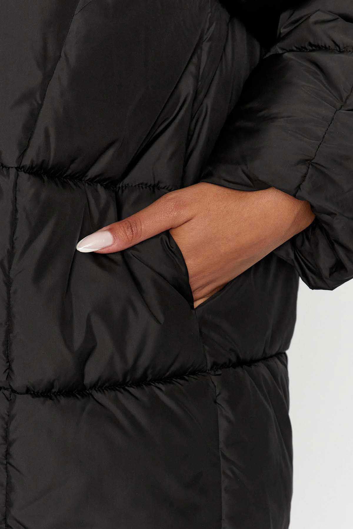 Only Kadın Onlasta Rahat Kalıp Kapüşonlu Uzun Puffer Mont 15293818 Siyah - 4