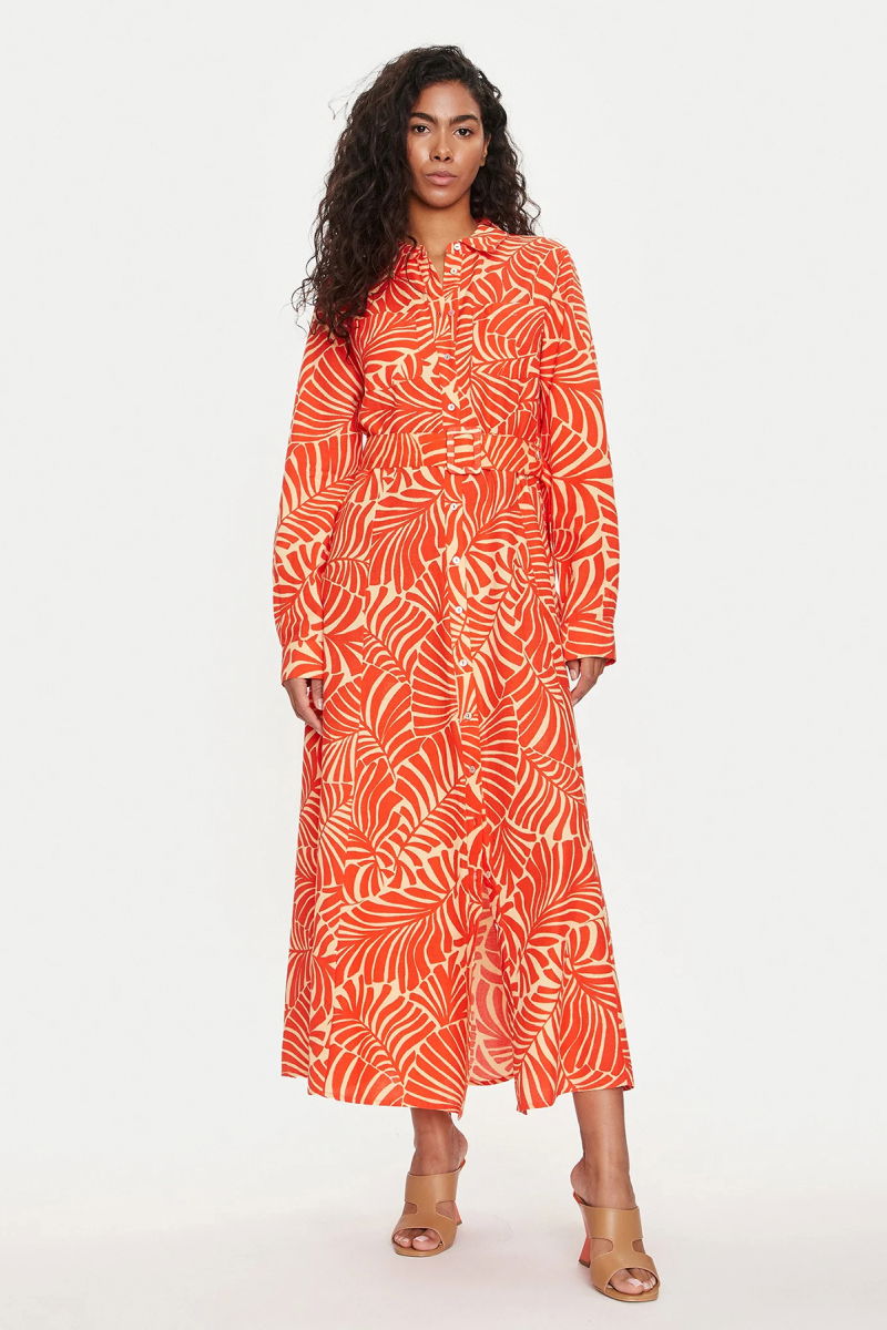 Only Kadın Onlcallıe Desenli Beli Kemerli Uzun Keten Elbise 15318799 Turuncu - 1