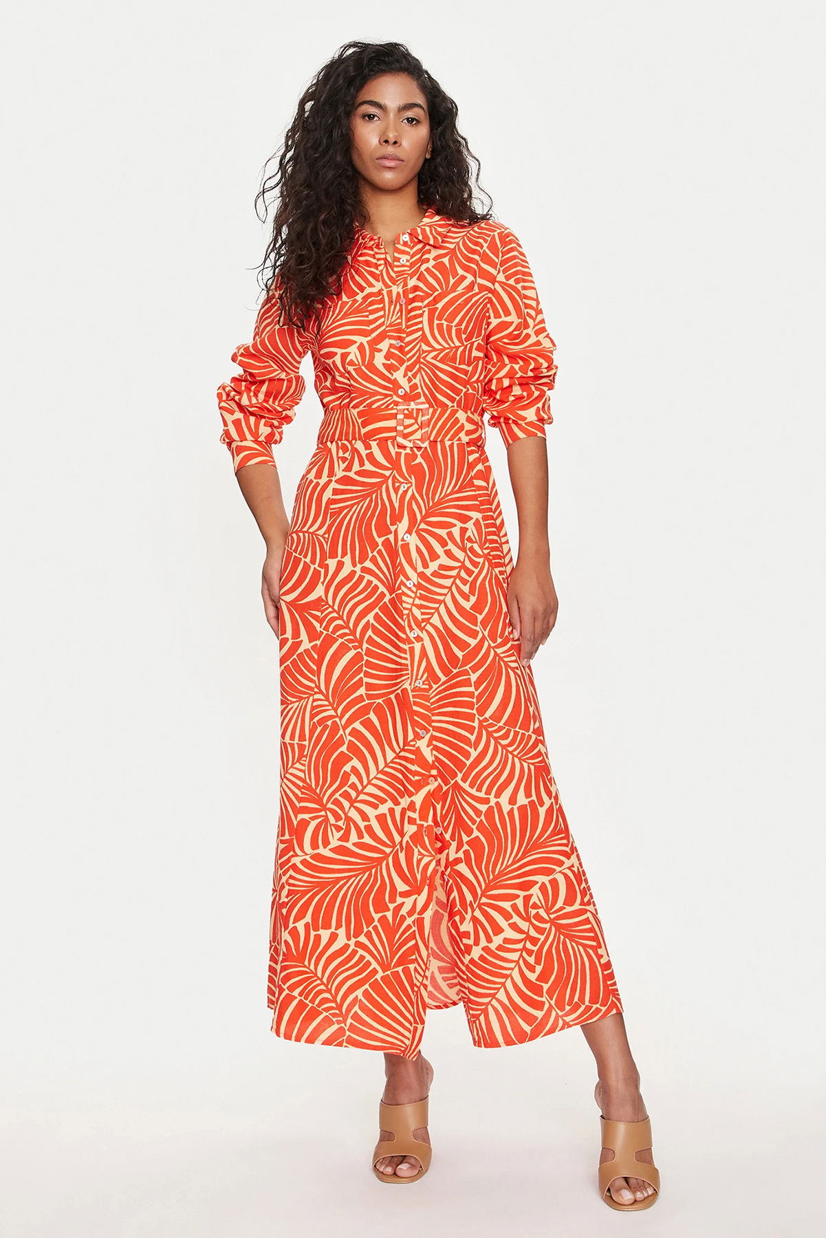 Only Kadın Onlcallıe Desenli Beli Kemerli Uzun Keten Elbise 15318799 Turuncu - 2