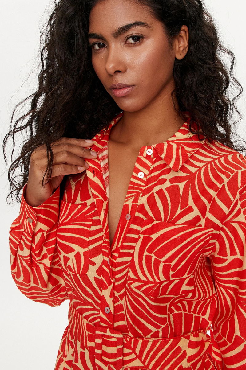 Only Kadın Onlcallıe Desenli Beli Kemerli Uzun Keten Elbise 15318799 Turuncu - 3