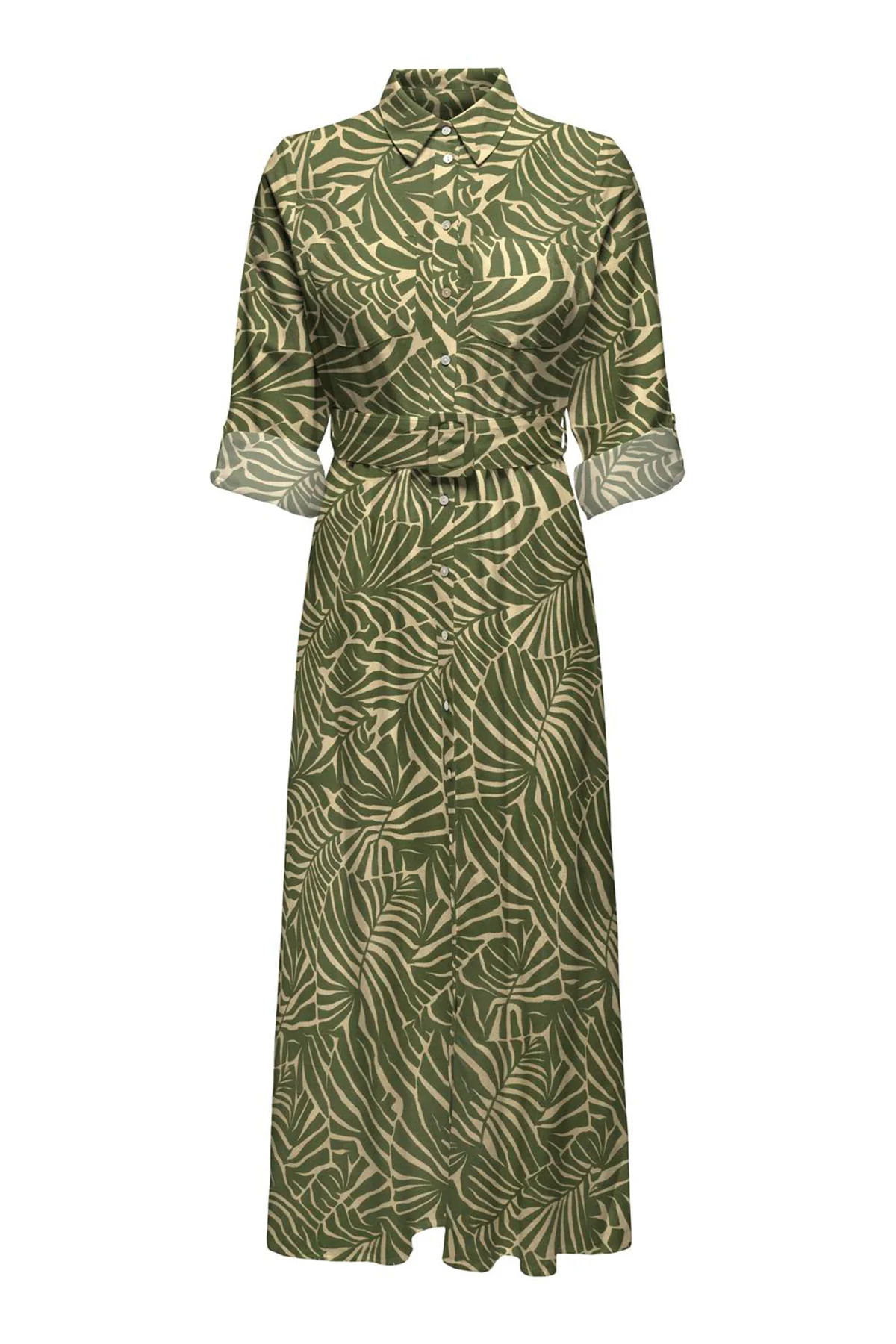 Only Kadın Onlcallıe Desenli Beli Kemerli Uzun Keten Elbise 15318799 Yeşil - 1