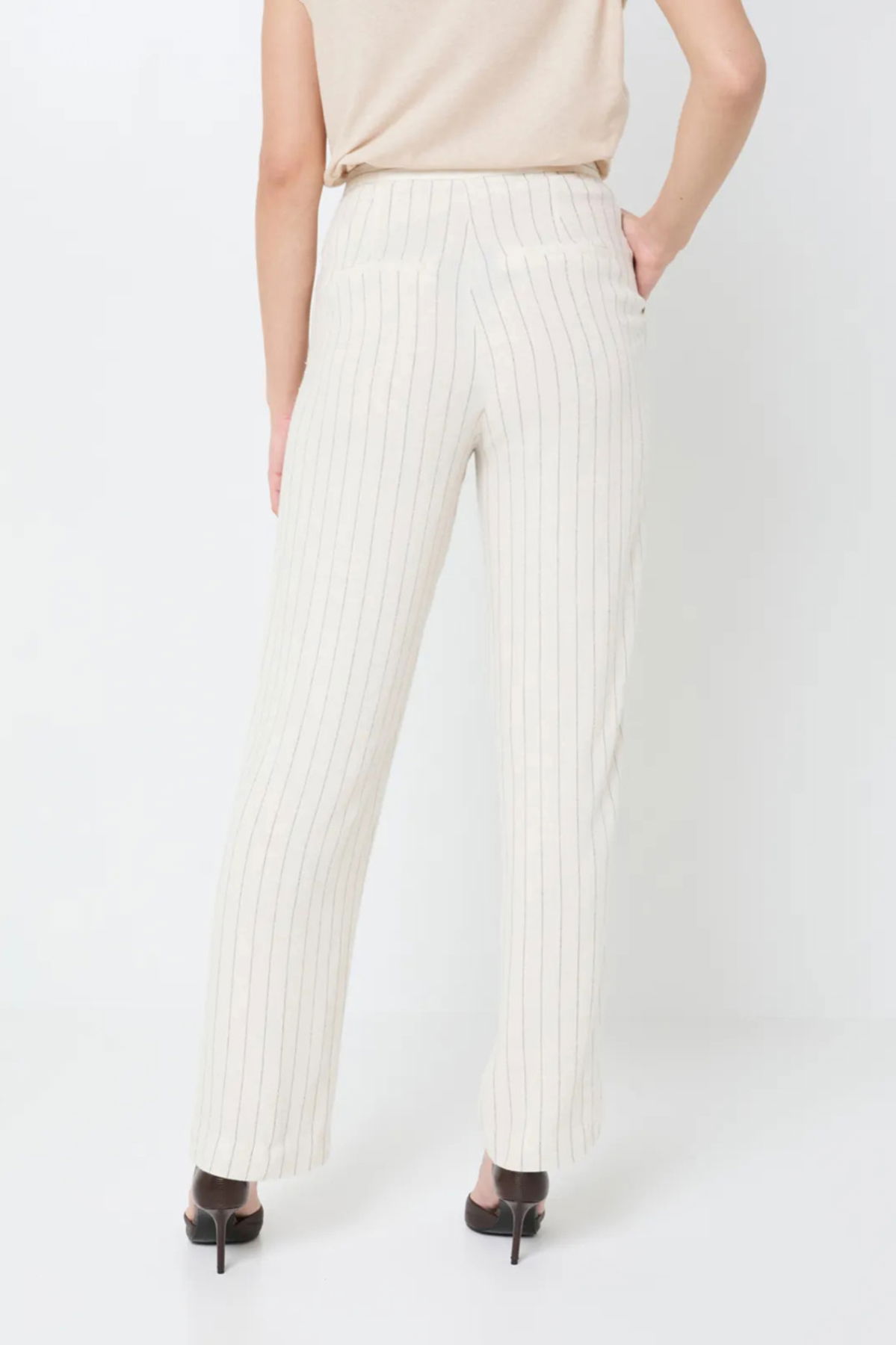 Only Kadın Onlcaro Çizgili Yüksek Bel Keten Pantolon 15318497 Bej - 3