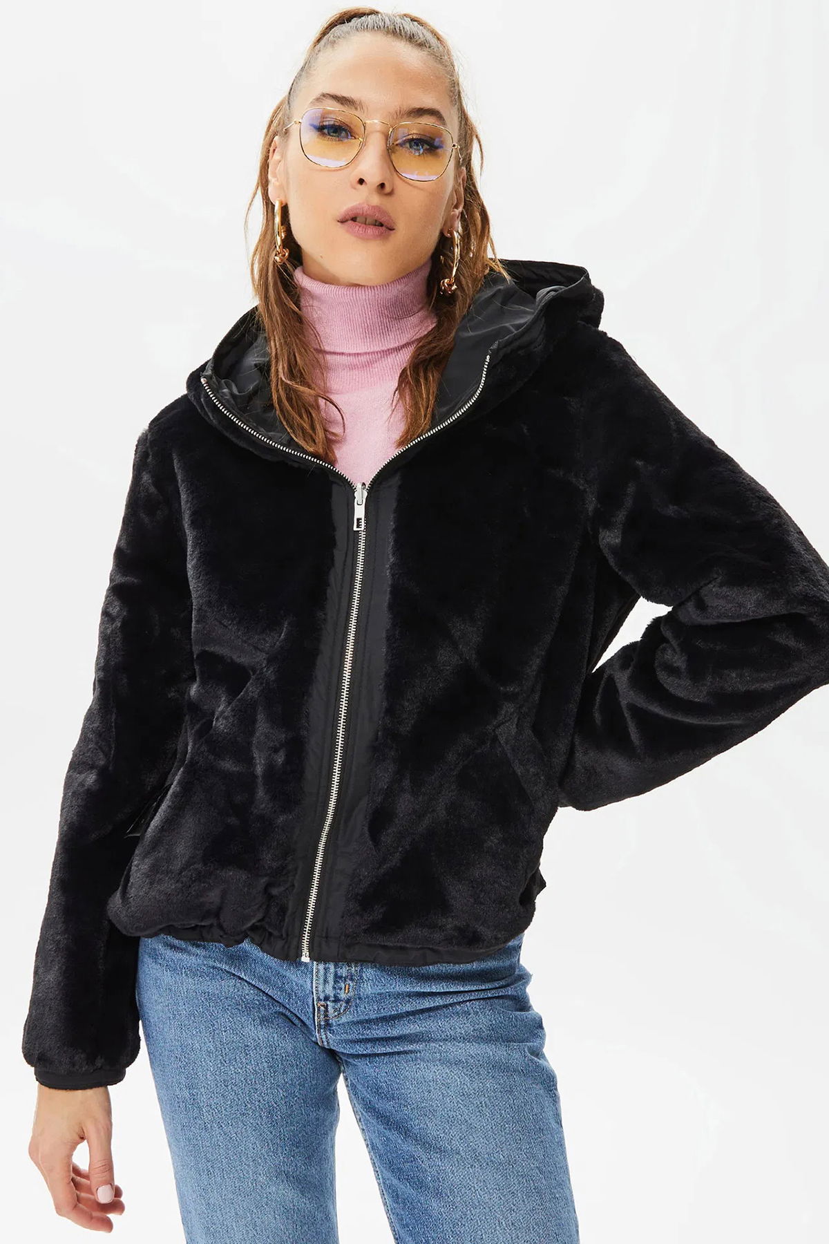 Only Kadın Onldahlıa Çift Taraflı Kapüşonlu Kürk Mont 15208777 Black - 1