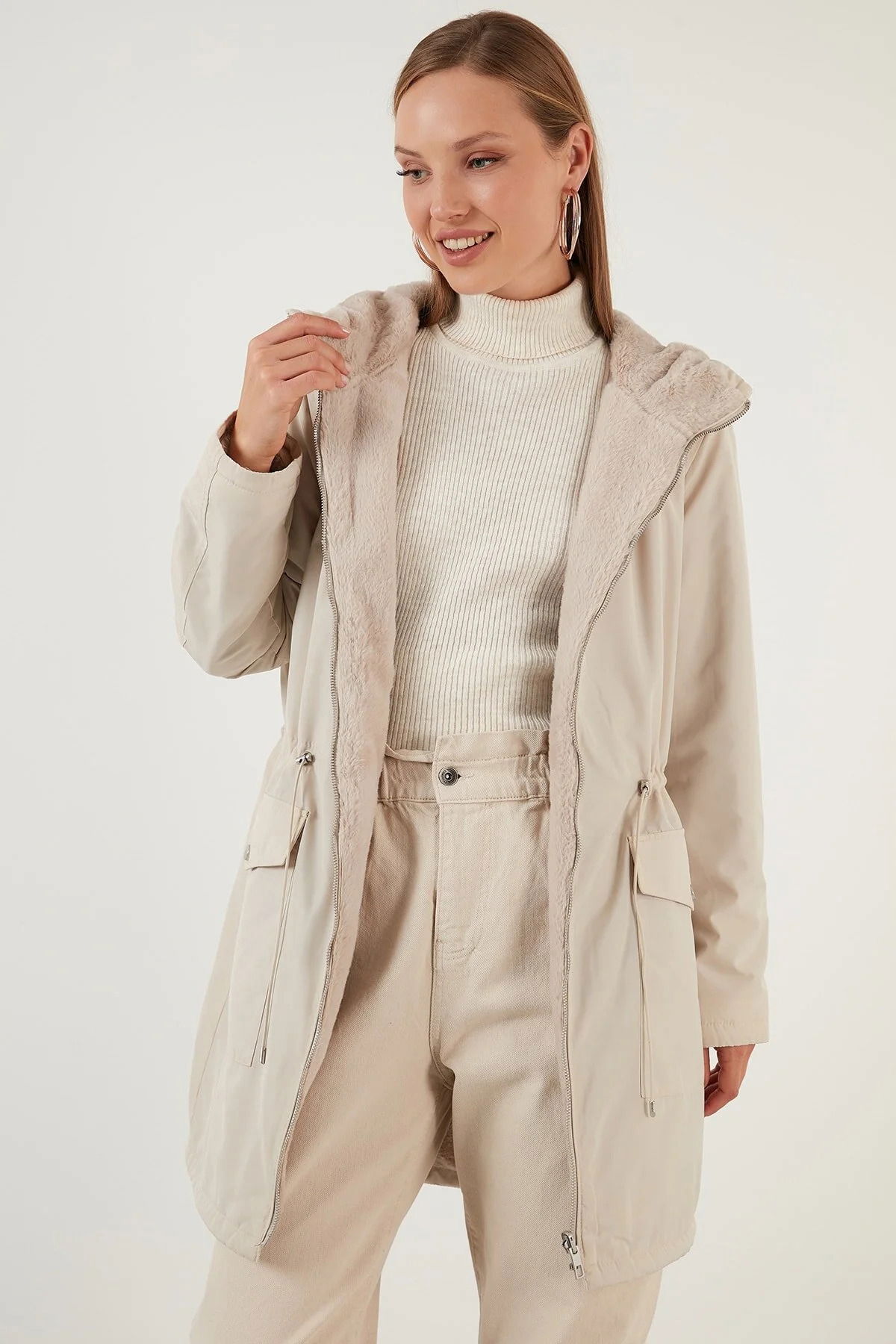 Only Kadın Onldahlıa Kapüşonlu Tam Fermuarlı Parka 15208727 Taş - 4