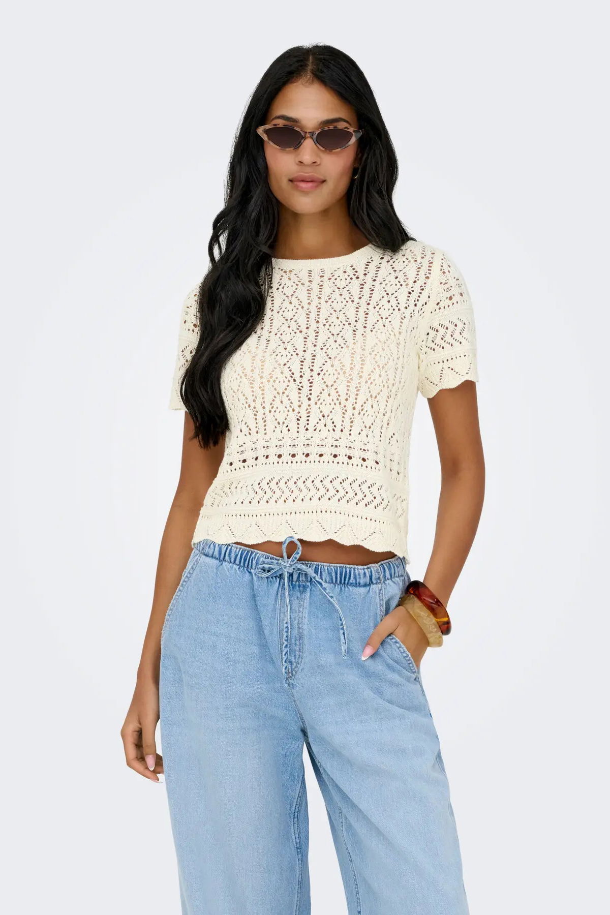 Only Kadın Onlelke Ajurlu Kısa Kollu Kazak 15370940 Ekru - 1