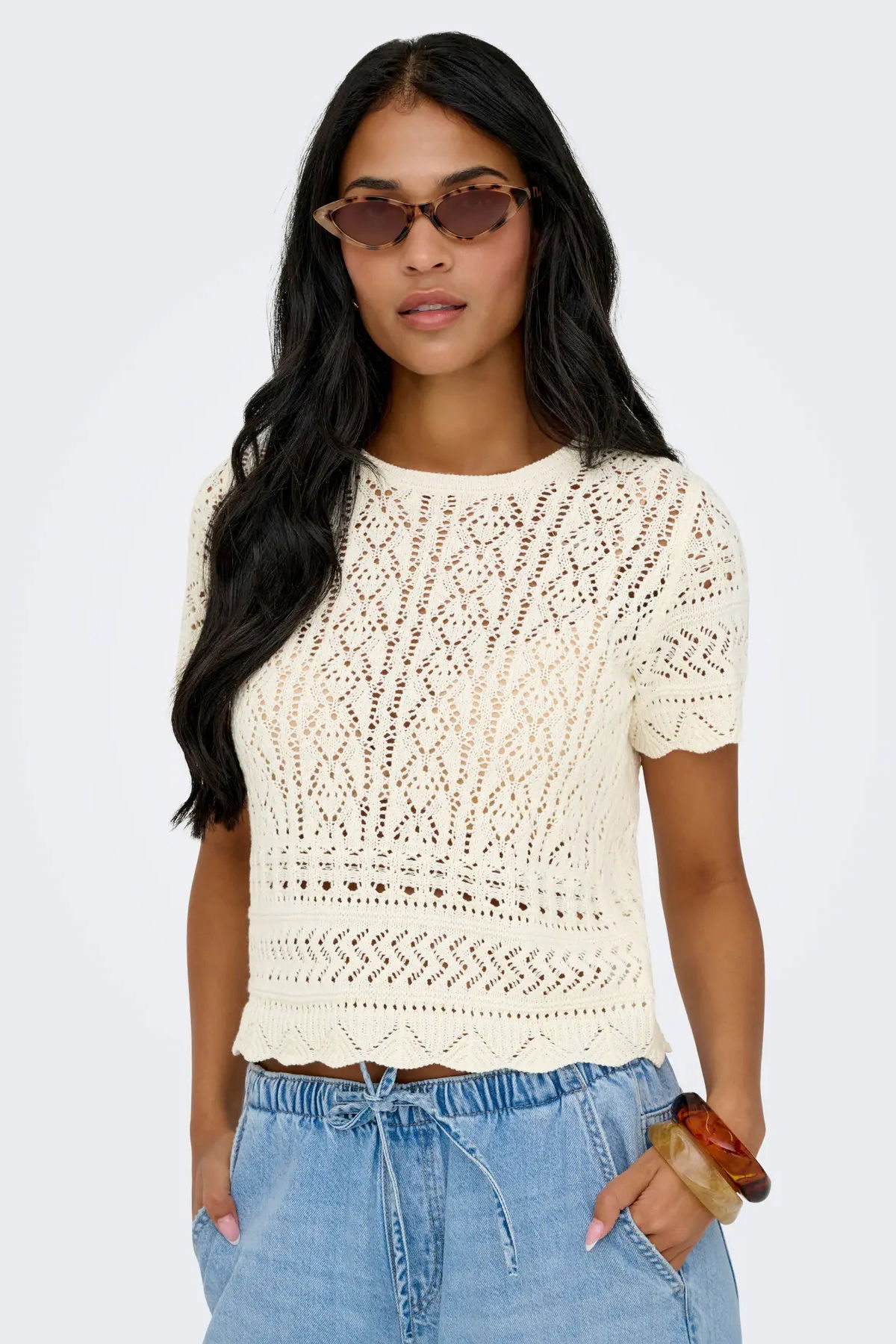 Only Kadın Onlelke Ajurlu Kısa Kollu Kazak 15370940 Ekru - 3