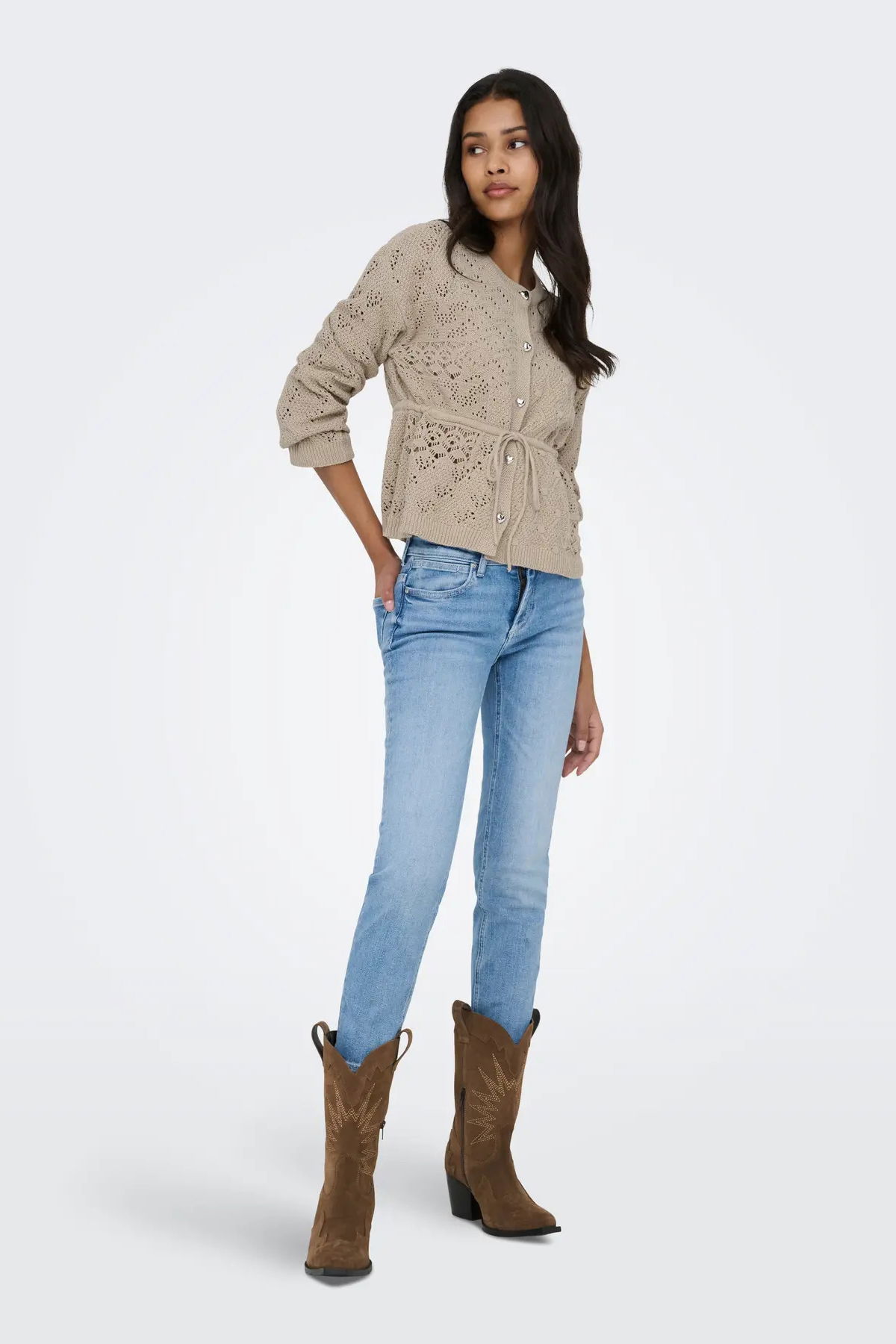 Only Kadın Onlelke Belden Bağlamalı Uzun Kollu Pamuklu Hırka 15363046 Bej - 1