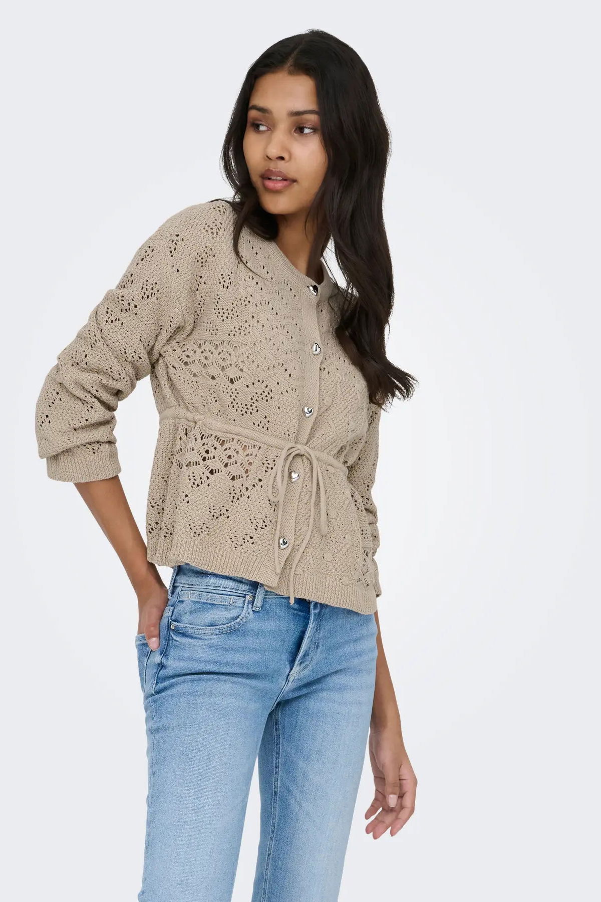 Only Kadın Onlelke Belden Bağlamalı Uzun Kollu Pamuklu Hırka 15363046 Bej - 2